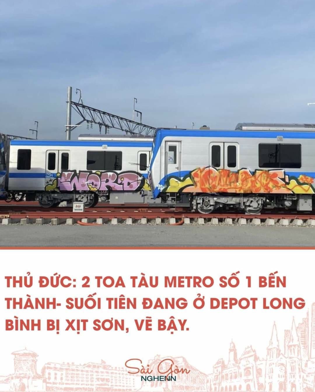 2 toa tàu Metro số 1 Bến Thành - Suối Tiên ở Long Bình - Thủ Đức bị xịt sơn, vẽ bậy